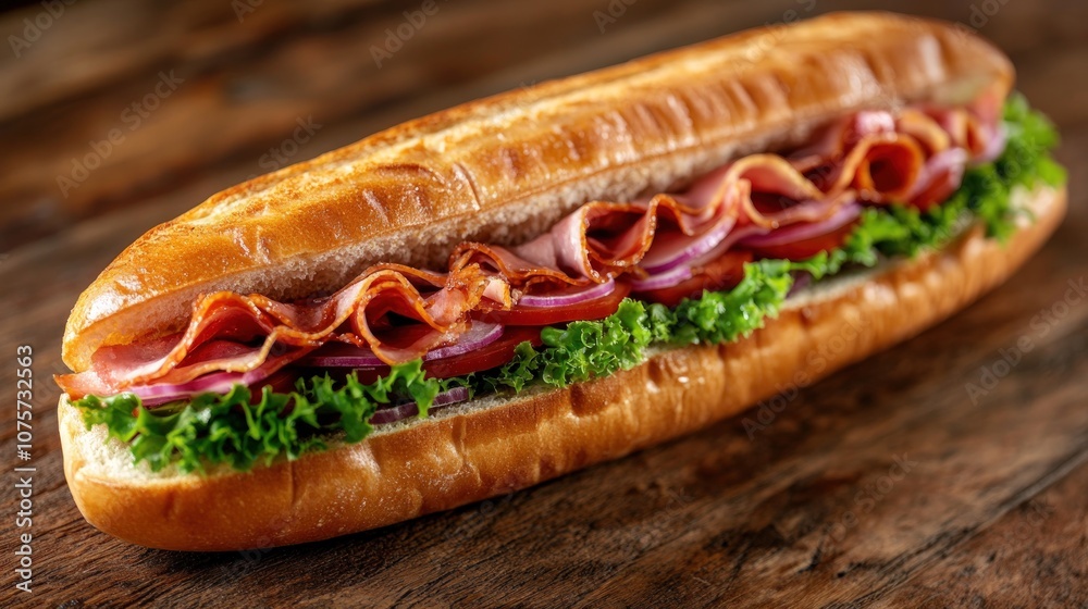 A long sub sandwich on a wooden table, filled with ham, lettuce, tomato, and onion. A long sub sandwich on a wooden table, filled with ham, lettuce, tomato, and onion.