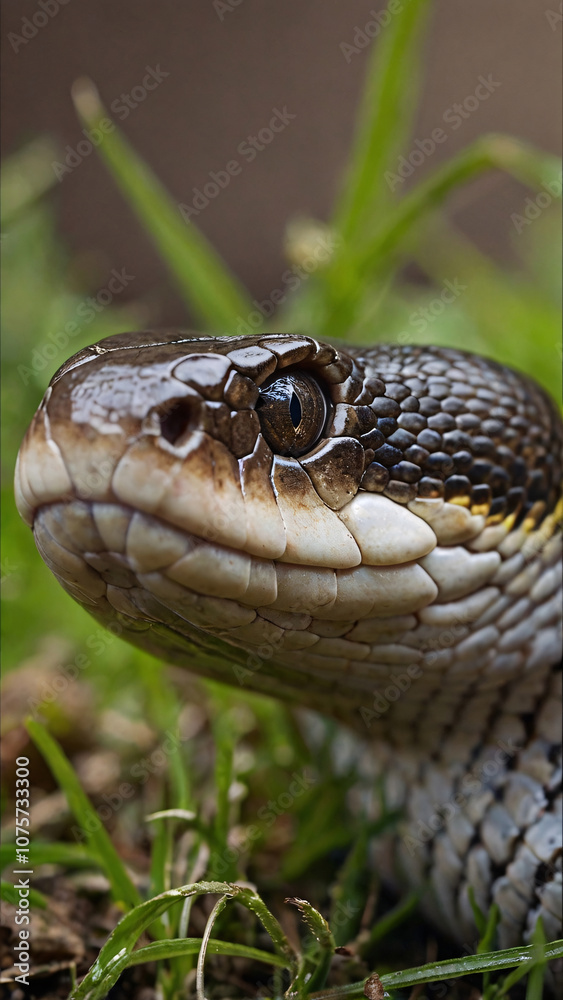 Close-Up of Snake Head in Natural Habitat. Detailed close-up of a snake's head with textured scales and intense eyes, set in a natural outdoor environment.
Close-Up of Snake Head in Natural Habitat. Detailed close-up of a snake's head with textured scales and intense eyes, set in a natural outdoor environment.
