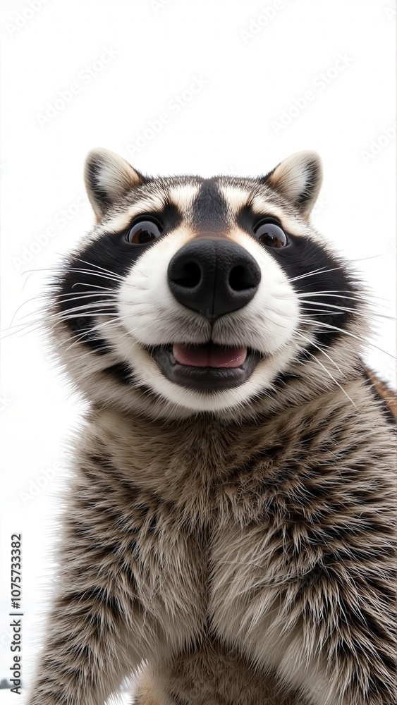 Obraz premium Generative AI, Close-up of a raccoon with expressive eyes and dark mask markings against white background
