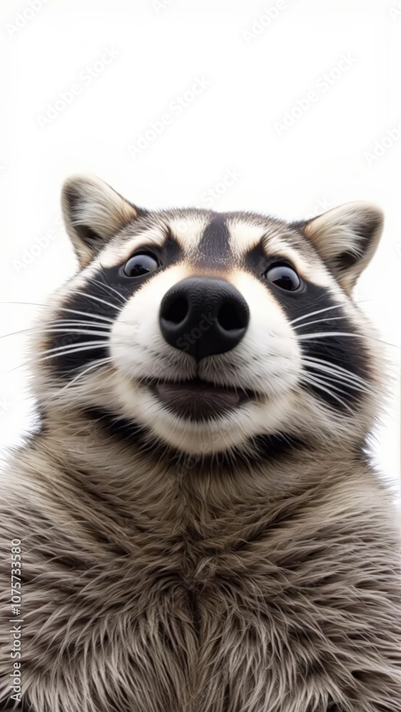 Obraz premium Generative AI, Close-up of a raccoon with expressive eyes and dark mask markings against white background
