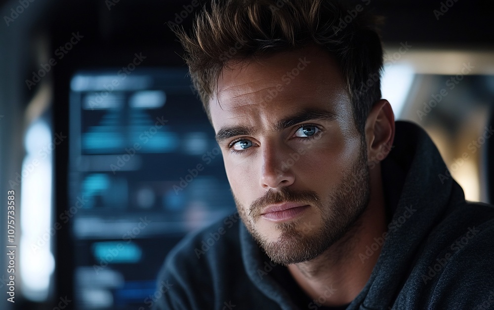 A young man with blue eyes looks directly at the camera with a serious expression. A young man with blue eyes looks directly at the camera with a serious expression.