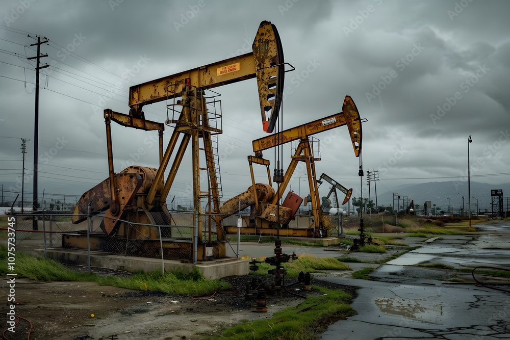 Two rusty oil pumps operate in a desolate landscape under a cloudy sky. Two rusty oil pumps operate in a desolate landscape under a cloudy sky.