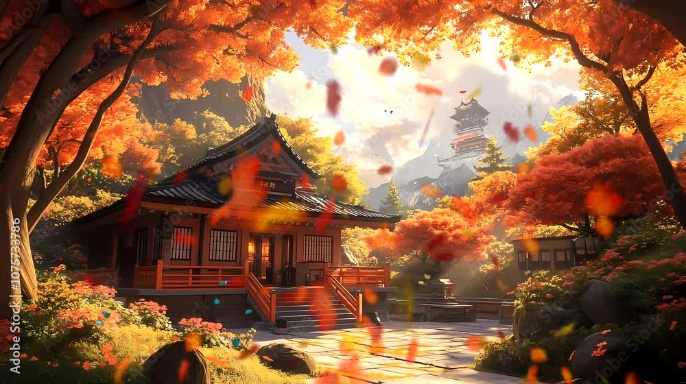 A serene 4K animation of a Japanese-themed temple set in scenic mountains, framed by a bright sky, perfect for seamless looping video backgrounds.
