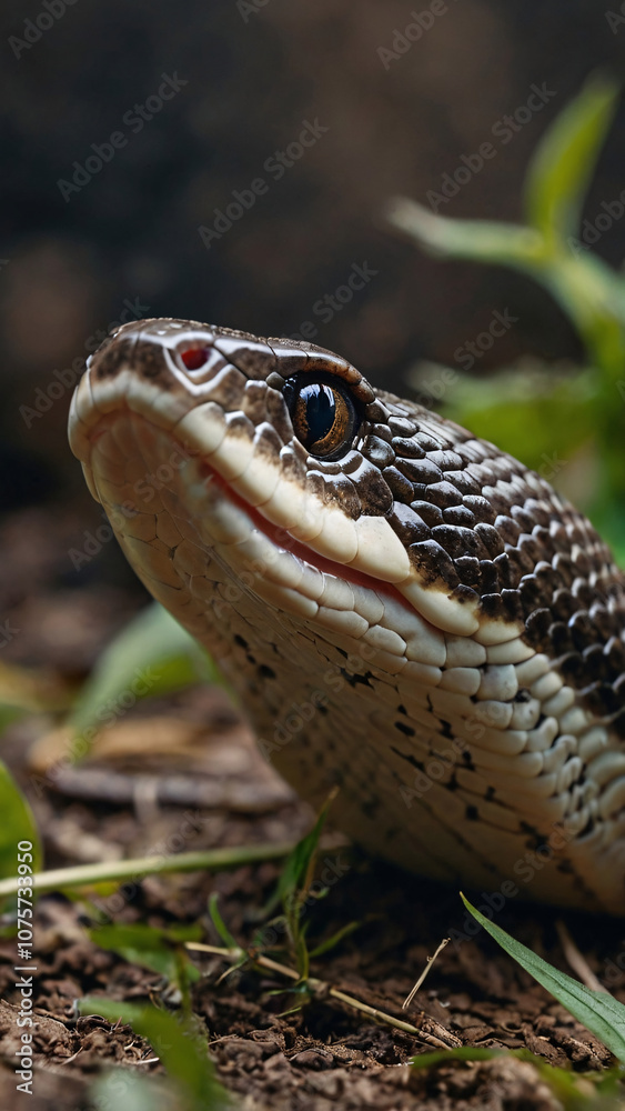 Obraz premium Close-Up of Snake Head in Natural Habitat. Detailed close-up of a snake's head with textured scales and intense eyes, set in a natural outdoor environment. 