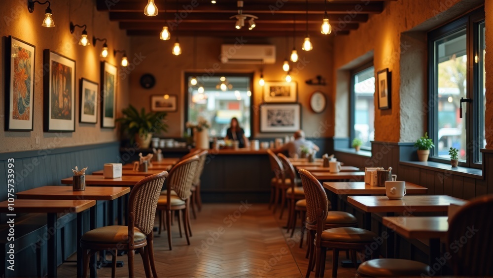 Cozy cafe interior with empty tables, art on walls, warm lighting, inviting atmosphere for dining or meetings. Generative, AI. Cozy cafe interior with empty tables, art on walls, warm lighting, inviting atmosphere for dining or meetings. Generative, AI.