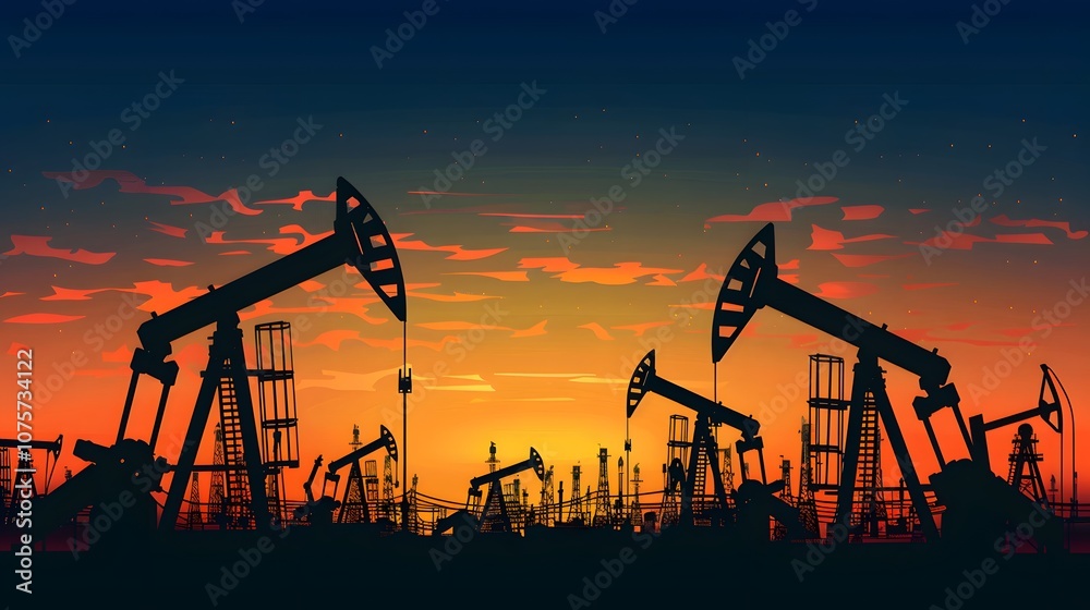 Silhouetted oil pumps against a colorful sunset, depicting the oil industry. Silhouetted oil pumps against a colorful sunset, depicting the oil industry.