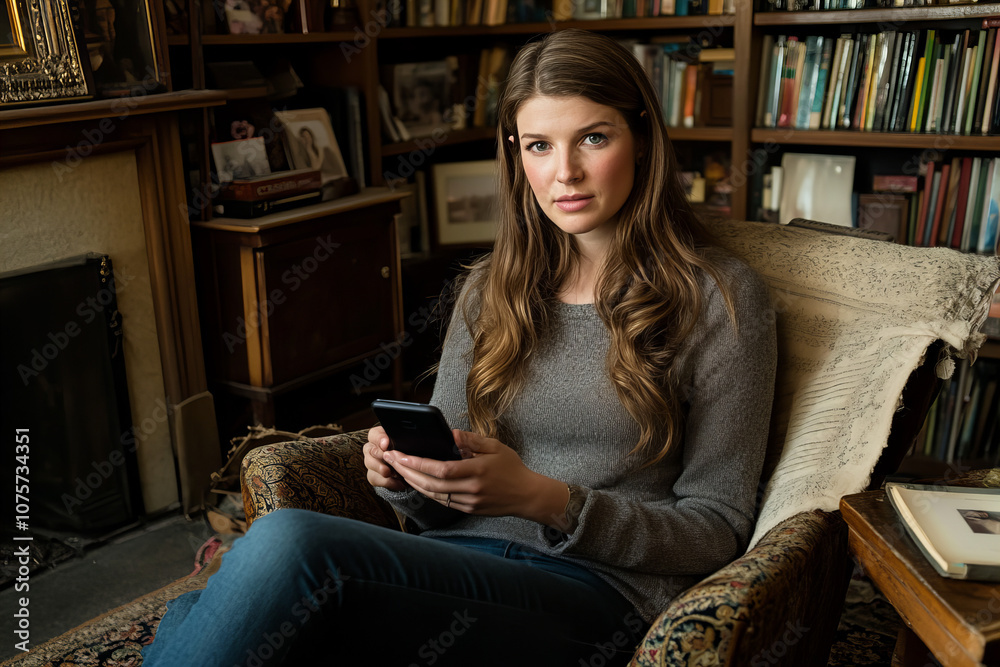 Young Woman Enjoying Casual Moments Indoors, Engaging with Her Smartphone for Communication and Relaxation in a Cozy Setting Young Woman Enjoying Casual Moments Indoors, Engaging with Her Smartphone for Communication and Relaxation in a Cozy Setting