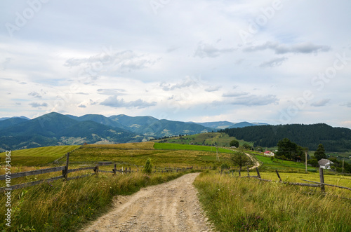 Explore the tranquil countryside with a dirt road leading through lush green fields, bordered by wooden fences, against a backdrop of majestic mountains and cloudy skies. Carpathian Mountains, Ukraine