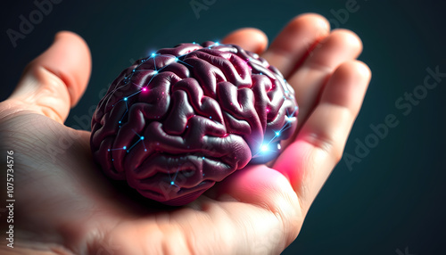 Digital image of the brain on the palm. Artificial Intelligence, AI Technology. Business analysis, innovation, technology in science and medicine. Mental health protection and care isolated with whi photo