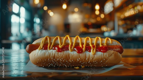 A Close-Up of a Hot Dog Topped with Mustard and Ketchup photo