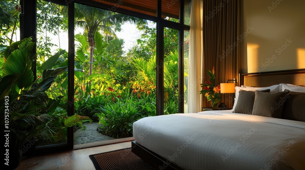 Fototapeta premium Serene bedroom with large windows overlooking a lush green garden.