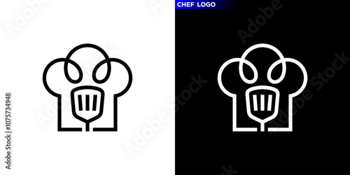Chef logo. Chef hat and cooking utensils in simple line style. Icon symbol design template EPS 10.