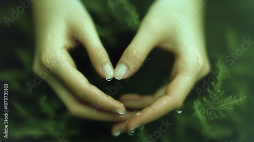 Tender hands creating a heart shape amidst nature's embrace, capturing a serene moment of connection and tranquility photo