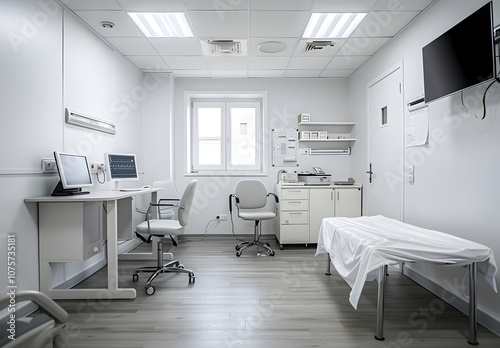 A clean, modern medical examination room with basic equipment and furnishings.