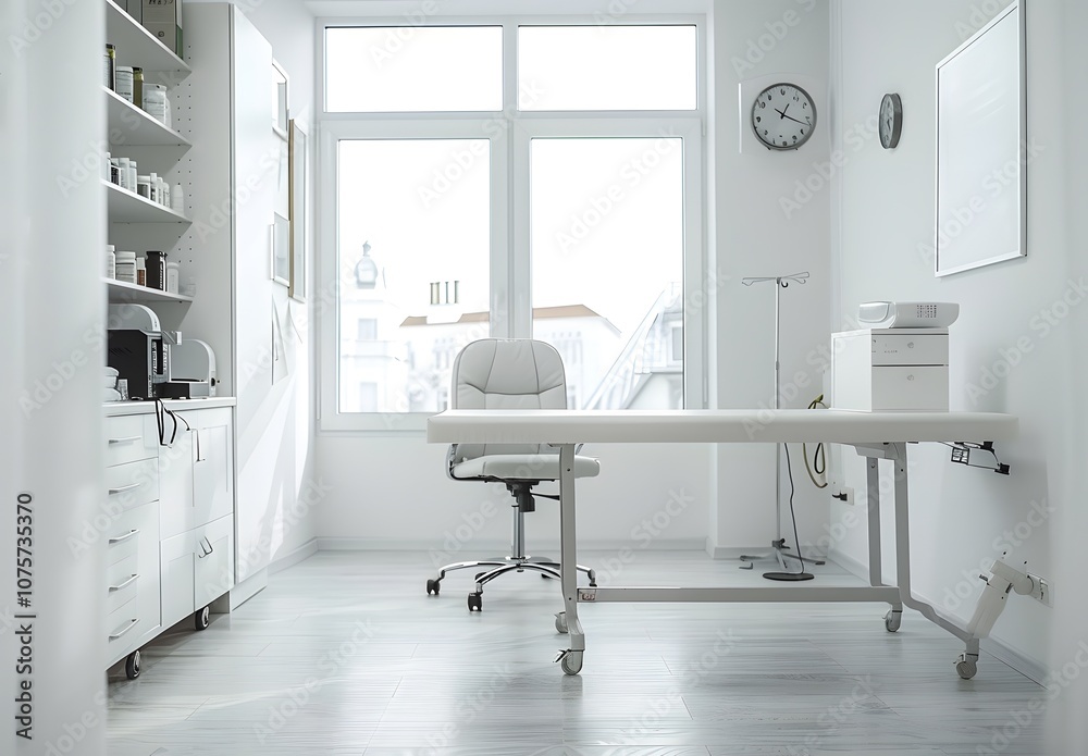 A modern, minimalistic office space with a desk, chair, and medical equipment. A modern, minimalistic office space with a desk, chair, and medical equipment.