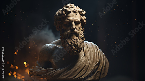 Ancient Stone Bust of a Bearded Philosopher with Sparks and Smoke