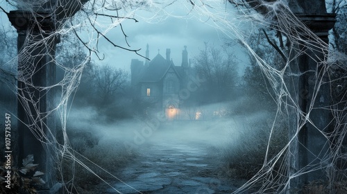 An eerie and atmospheric scene unfolds, showcasing a dark, foggy path elegantly framed by intricate spider webs. This setting is perfect for inspiring Halloweenthemed designs and artworks photo