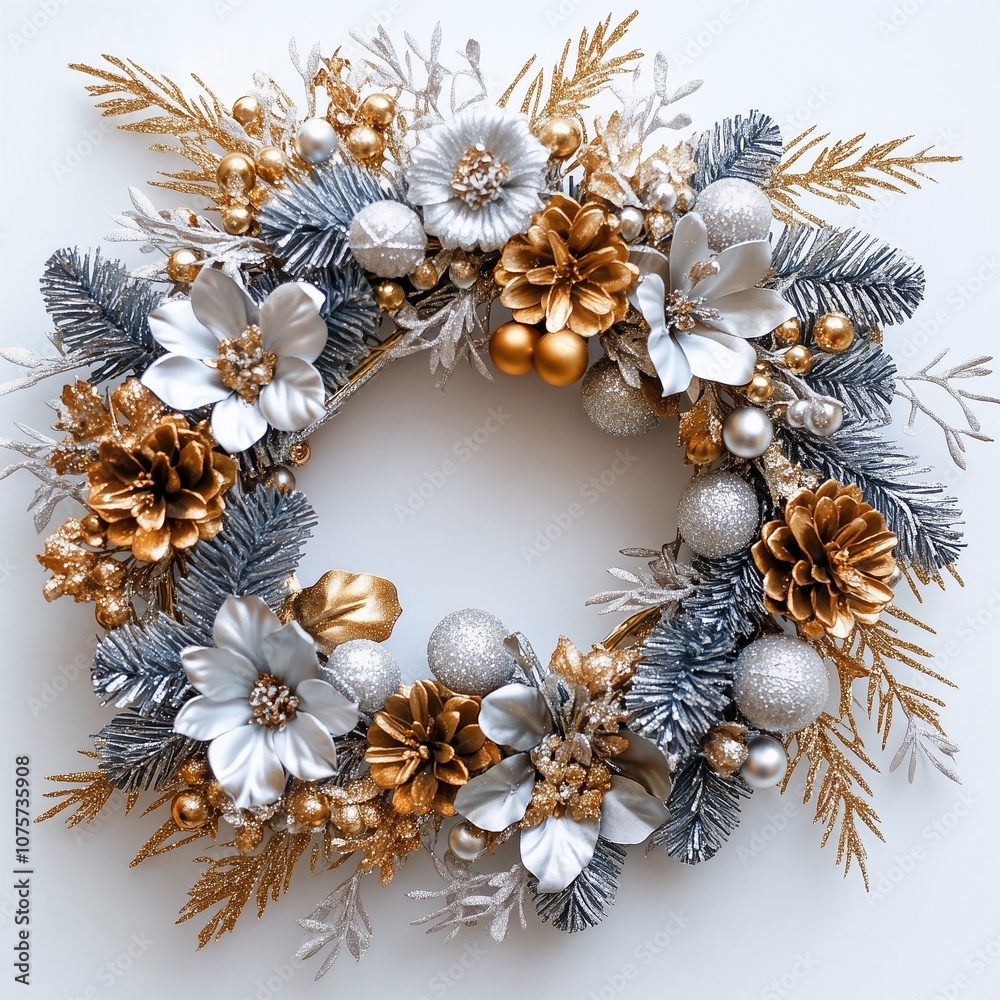 Golden christmas wreath with white flowers Golden christmas wreath with white flowers