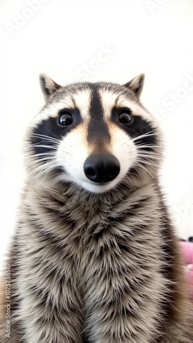 Generative AI, Close-up of a raccoon with expressive eyes and dark mask markings against white background