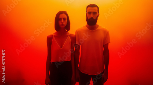 A surreal moment in a warm glow capturing a couple standing together, enveloped in orange haze at dusk