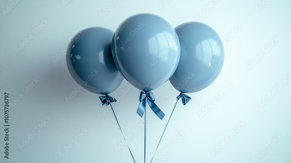 Three blue balloons with blue ribbons against a white background. Three blue balloons with blue ribbons against a white background.