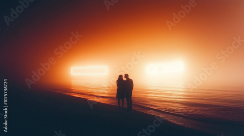 A romantic couple embraces on a foggy beach illuminated by glowing lights at twilight's end