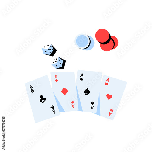 Playing Cards With Dice And Poker Chips In Flat Vector Illustration Symbolizing Gambling, Recreation, And Strategy, Isolated On White Background