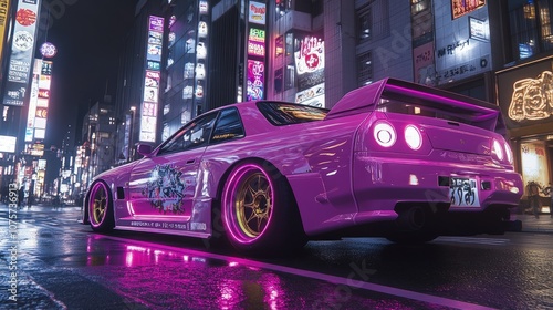 Pink sports car with neon lights driving through a city at night.