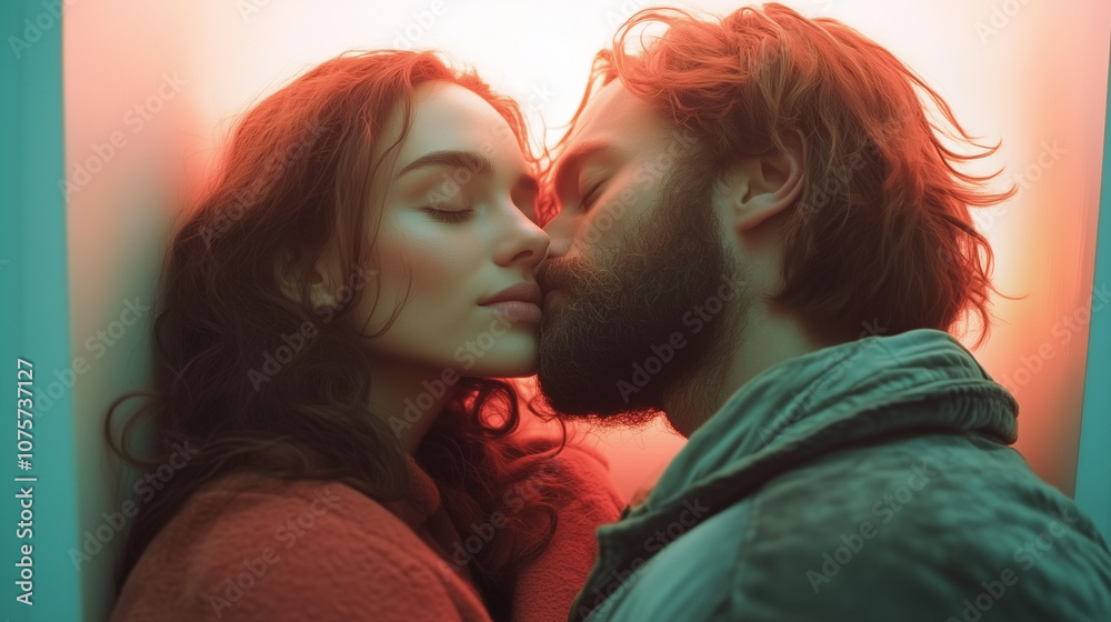 Intimate moment captured between a couple in a softly lit space, sharing a kiss under warm, glowing light in a cozy setting Intimate moment captured between a couple in a softly lit space, sharing a kiss under warm, glowing light in a cozy setting