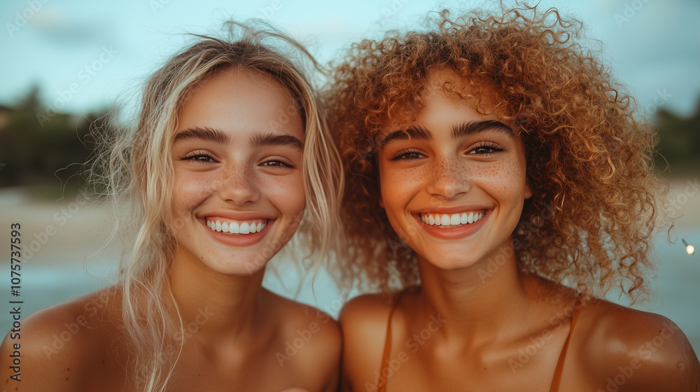 Joyful summer beach moment shared by two friends under a vibrant sunset sky with gentle waves in the background Joyful summer beach moment shared by two friends under a vibrant sunset sky with gentle waves in the background