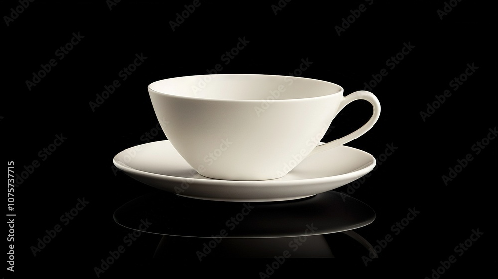 Obraz premium Black surface with white coffee cup and saucer reflection