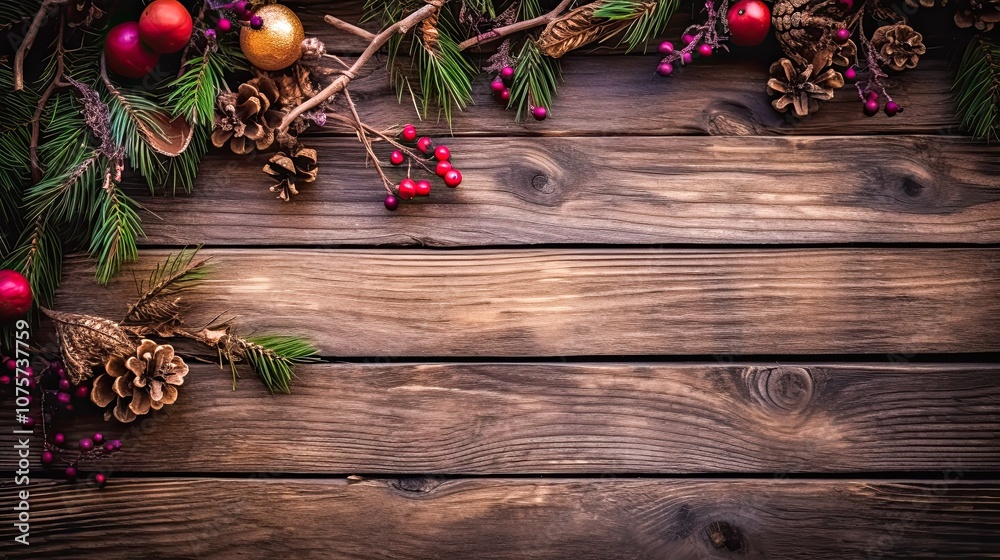 Rustic Christmas Decorations on Wooden Background with Pinecones and Ornaments Rustic Christmas Decorations on Wooden Background with Pinecones and Ornaments