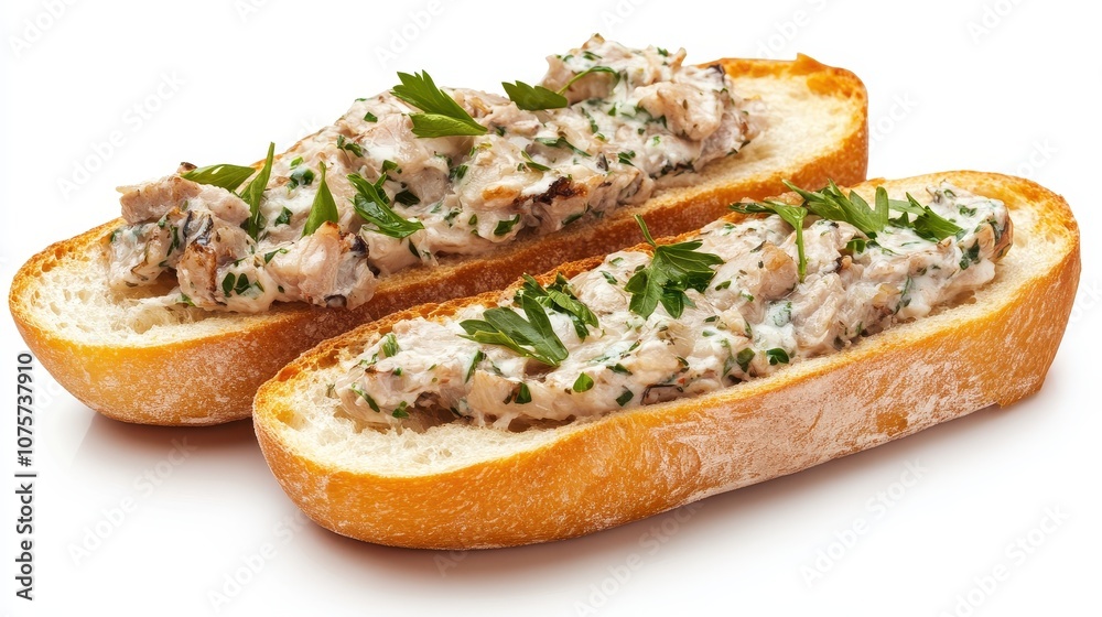 Two slices of bread topped with chicken salad. Perfect for showcasing a delicious and easy lunch recipe. Two slices of bread topped with chicken salad. Perfect for showcasing a delicious and easy lunch recipe.