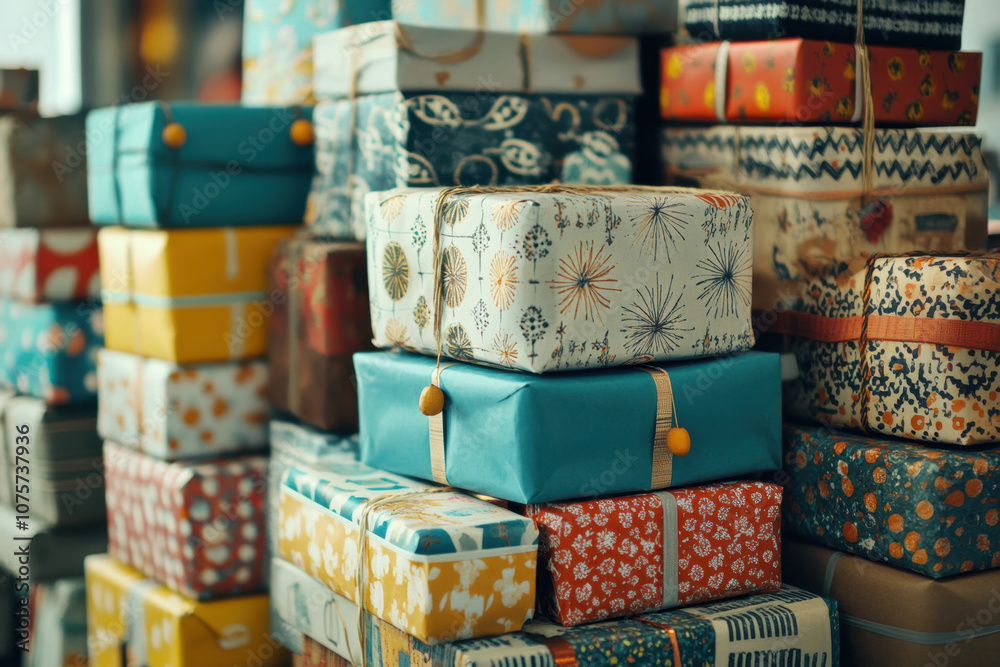 Fototapeta premium A colorful stack of beautifully wrapped gift boxes arranged in an appealing display, perfect for celebrations and special occasions.