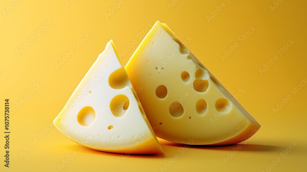 Delicious Cheese Slices Featuring Holes on Yellow Backdrop Delicious Cheese Slices Featuring Holes on Yellow Backdrop