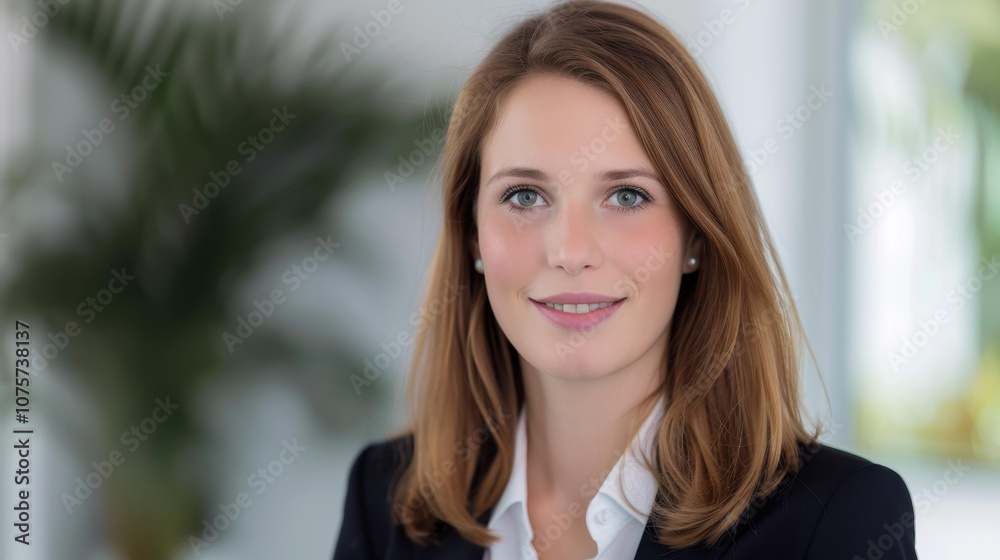 Fototapeta premium A poised businesswoman in a sleek office, showcasing confidence and professionalism in her tailored suit.