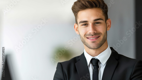 A poised young executive in a sharp suit, excelling in a sleek office environment, signifies success and leadership. photo