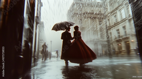 A romantic embrace under an umbrella during a gentle rain in a historic city street