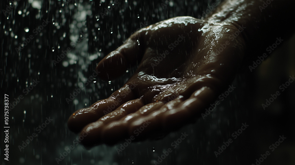 A tranquil hand catching raindrops in a serene moment under a gentle shower at dawn A tranquil hand catching raindrops in a serene moment under a gentle shower at dawn
