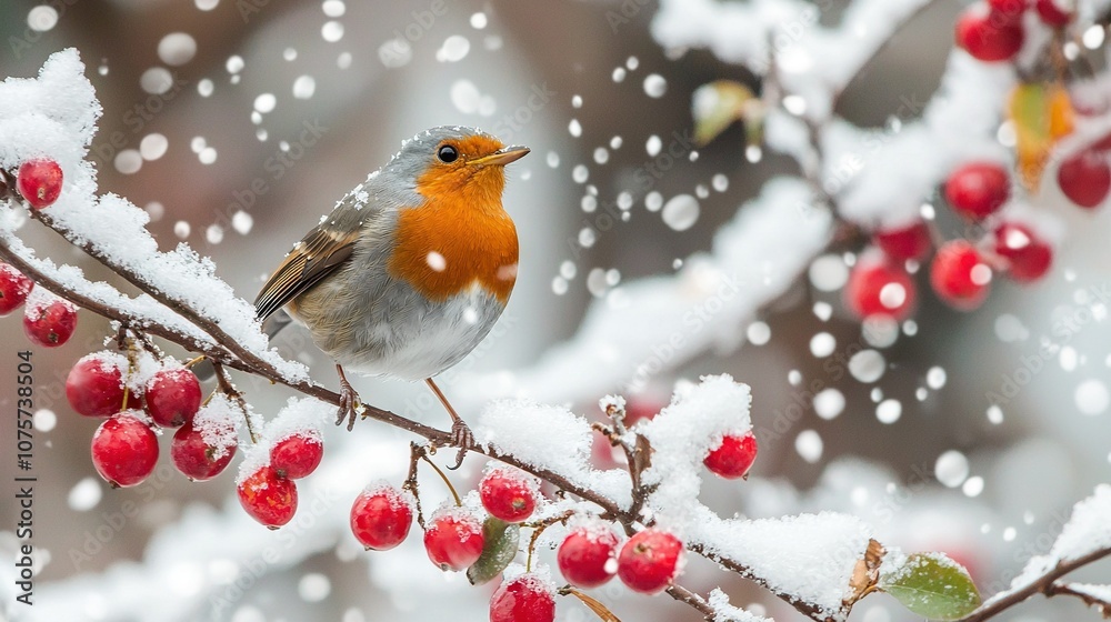 A small bird perched on a red-berried tree amidst snowfall in the foreground A small bird perched on a red-berried tree amidst snowfall in the foreground