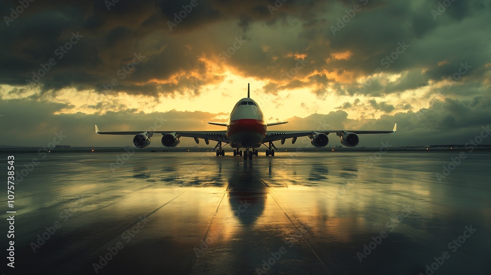 Airplane on the runway at sunset with dramatic clouds. Airplane on the runway at sunset with dramatic clouds.