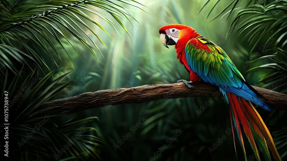 Obraz premium A colorful parrot perched on a palm tree in a tropical area with lush green foliage in the background
