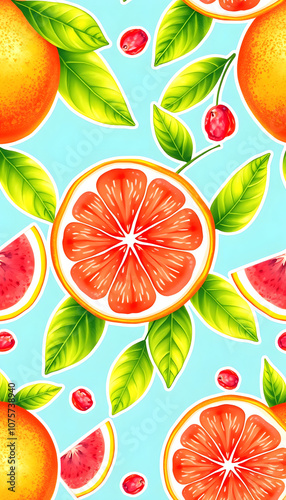 grapefruit seamless pattern. Hand drawn fresh tropical plant waterecolor illustration. Colorful wallpaper. citrus background with white shades, png photo