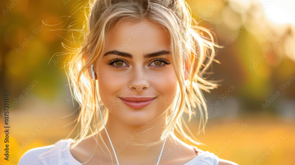 Energetic young woman runs outdoors, enjoying music through her earphones, embracing a sporty lifestyle. Energetic young woman runs outdoors, enjoying music through her earphones, embracing a sporty lifestyle.