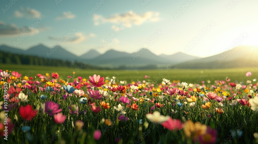 Fototapeta premium A vibrant field of colorful flowers under a sunny sky, with mountains in the background, creating a serene and picturesque landscape.
