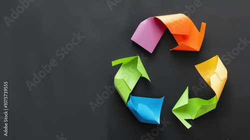 Bright and bold paper recycling symbol on a dark backdrop, perfect for ecofriendly promotions and sustainability themes. photo