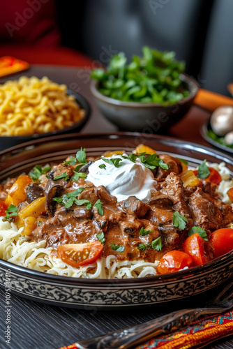 A beautifully plated beef stroganoff from Russia, featuring tender beef in a creamy sauce with mushrooms, served over noodles, with a side of sour cream