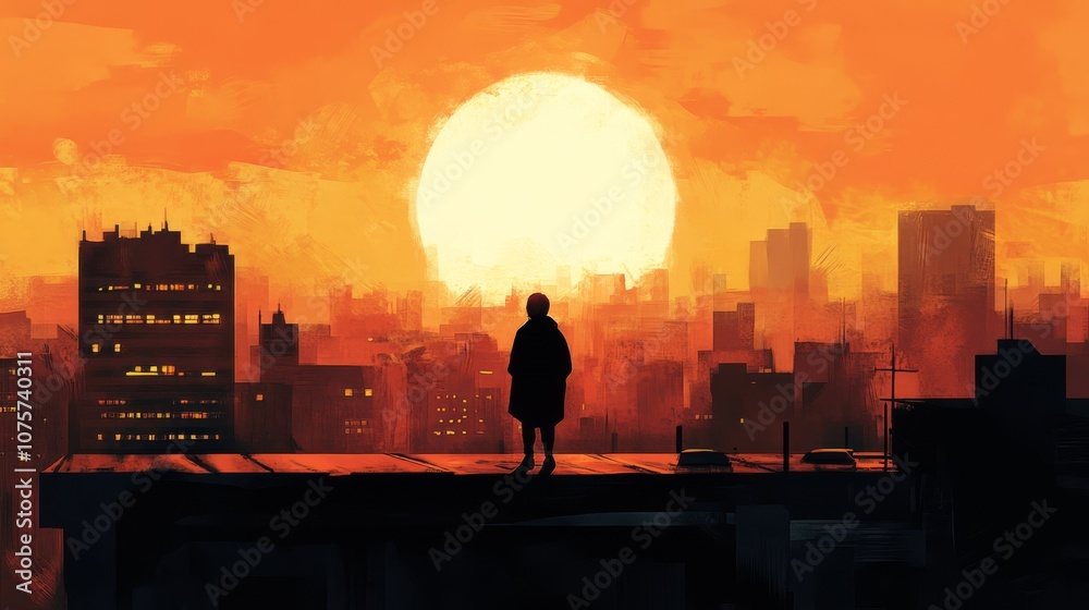 A lone figure stands on a rooftop overlooking a city skyline with a large sun setting in the background. A lone figure stands on a rooftop overlooking a city skyline with a large sun setting in the background.