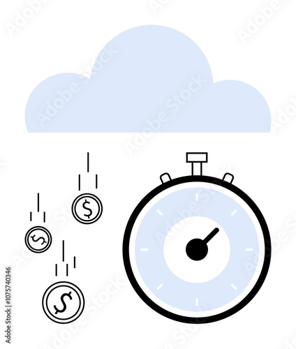 Stopwatch and coins falling from a cloud. Ideal for time management, financial planning, business strategy, efficiency, saving, cloud computing, productivity. Line metaphor