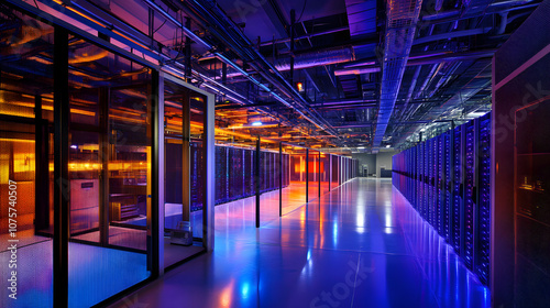 Il Cuore Tecnologico: Un Data Center Affascinante e Avanzato con Server Illuminati da LED e Visive High-Tech photo